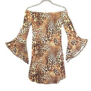 Y2k Cheetah Flared Quarter Sleeve Off Shoulder Bodycon Mini Dress Womens M L Vtg